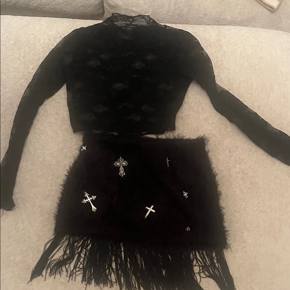 Elegant Black Fringe Skirt with Cross Embellishments